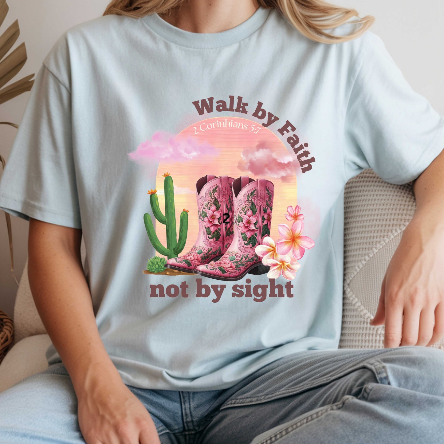 Walk by Faith Not by Sight Western Boots Shirt | Christian Cowgirl Tee | Faith-Based Country Graphic T-Shirt | Rustic Floral Boot Tee